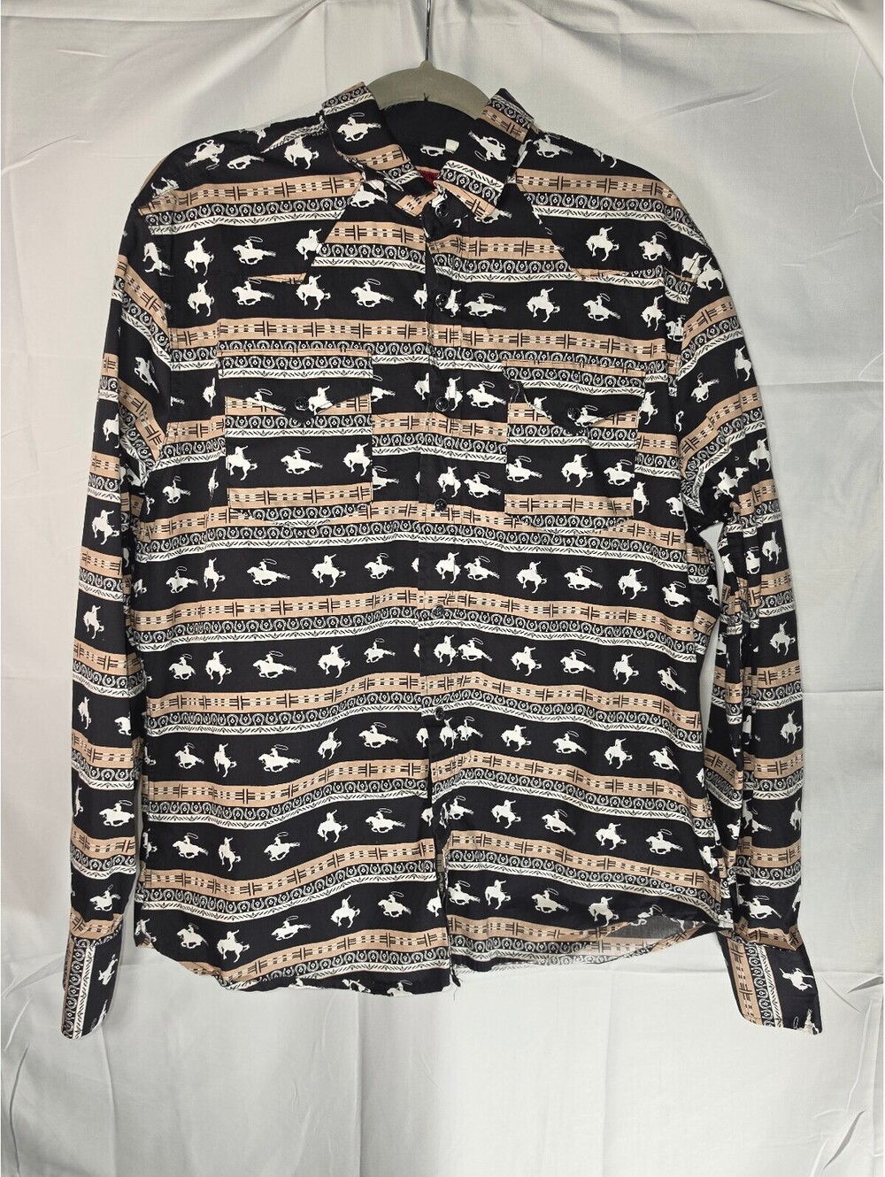 Patron Cito Men’s L Western Cowboy Horse Print Button Up Shirt Black Tan